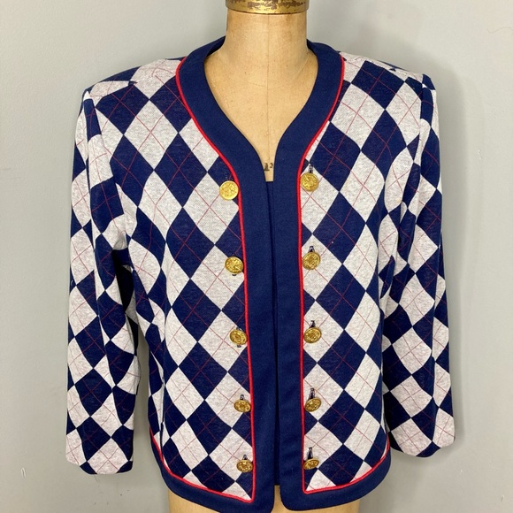 Vintage 80s Preppy Blue and Red Cardigan Sweater - Picture 1 of 3